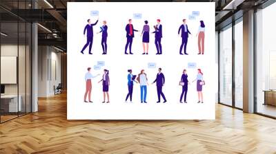 Business meeting concept. Vector flat person illustration set. Group of people discussion with talk bubble symbol. Diverse ethnic. Design element for banner, infographic poster, web background Wall mural