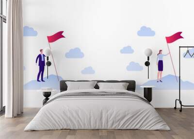 Business success and development concept. Vector flat person illustration set. Male and female people in suit holding red flag on mountain top. Design element for banner, poster, background. Wall mural