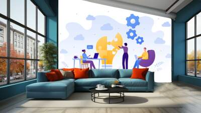 Business teamwork success concept. Vector flat people illustration. Male and female sitting with laptop and woman placing piece of puzzle. Design element for banner, poster, background. Wall mural