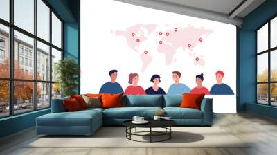 Global travel, business and news concept. Vector flat character illustration. Multiethnic group of people on world map with red pinpoint symbol. Businessman with flag. Woman on ladder. Wall mural