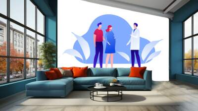 Vector modern flat family planning illustration. Male and pregnant female consulting doctor about pregnancy on blue fluid shape background. Design element for banner, poster, clinic, infographics. Wall mural