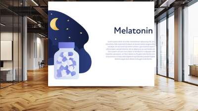 Vector modern medication banner template. Blue gradient color fluid shape night sky illustration with bottle of pills isolated on white background and text holder. Concept of sleep disorder treatment. Wall mural