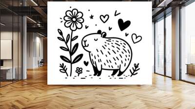 Cute capybara with flowers and hearts in black and white doodle vector illustration Wall mural