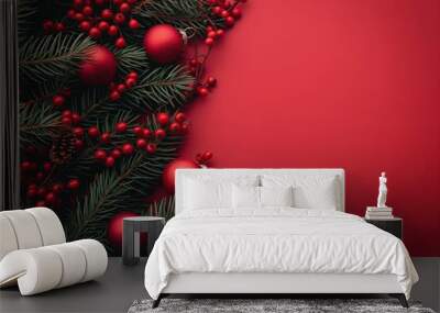 Festive red Christmas background with holiday ornaments, pine branches, and holly berries Wall mural