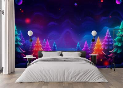 Merry Christmas and happy New Year background. Neon banner, poster, blue, pink, purple Wall mural