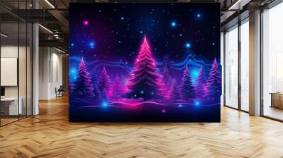 Merry Christmas and happy New Year background. Neon banner, poster, blue, pink, purple Wall mural