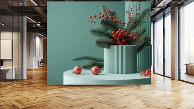 Modern minimalist Christmas composition with red berries and pine branches in a ribbed vase on a teal background Wall mural