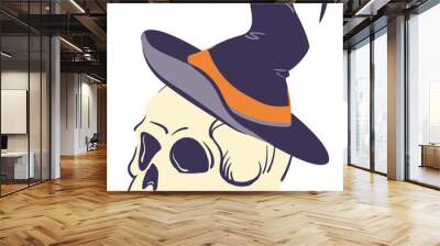 Illustration of human skull in pointed witch hat. Vector stylized cranium and magic cap for Halloween decor or product design in mystical style, attribute for witches' magical rituals. Wall mural