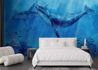 Underwater landscape with coral reef, mana rays, octopus, fish and shells. Seascape, illustration. Ocean water scene with two humpback whales. The bottom of the ocean in the tropics. Wall mural