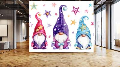 Watercolor illustration of magic gnomes with stars on white background isolated. Cute scandinavian gnomes for your design. Wall mural