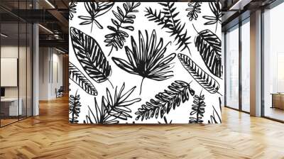 Black and white seamless pattern with hand drawn ink brush stroke textured tropical leaves. Artistic grunge paintbrush exotic botanical elements print for textile design, wrapping paper, wallpaper Wall mural