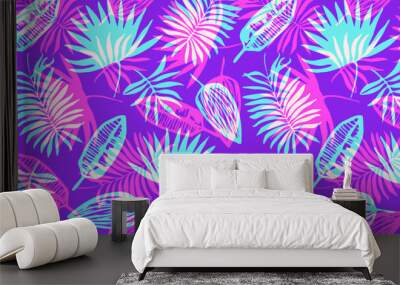 Bright neon colors seamless pattern with overlay tropical leaves. Trendy pink, purple and cyan blue exotic plants texture for textile, wrapping paper, surface, wallpaper, background, print Wall mural