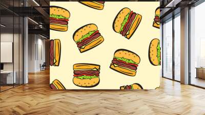 Cartoon colorful outline hamburgers seamless pattern. Flat vector burger texture for fast food restaurant or cafe menu banners, textile, wrapping paper, package, cover Wall mural