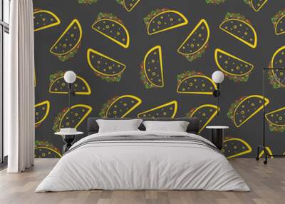 Colorful outline tasty tacos on black background seamless pattern. Cute mexican taco texture for textile, cafe and restaurant wrapping paper, covers, banners, background, wallpaper Wall mural