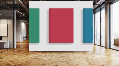 Rectangular vector blank colored realistic book cover mockup, closed organizer or notebook cover template with sheet of A4. Front view of elegant green, red and blue notepad with binding mock up Wall mural