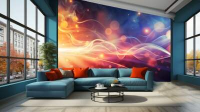 Abstract digital art with bright swirls of blue and purple hues, glowing dots and bokeh effects creating a cosmic atmosphere. Wall mural