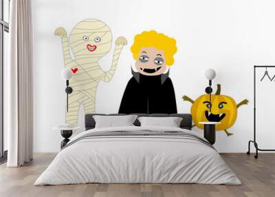 Halloween characters including funny mummy, pumpkin monster and cute dracula in doodle style. Wall mural