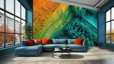 Aerial View of Vibrant Green and Gold Farmland Wall mural