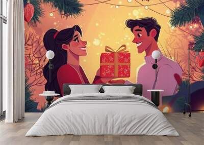 Couple Exchanging Christmas Gift Wall mural