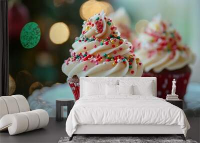 Festive Christmas Cupcake with Sprinkles Wall mural