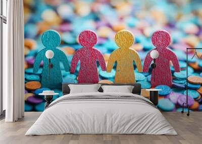 Four Colorful Wooden Figures Holding Hands on Colorful Discs Wall mural