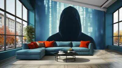 Hooded Hacker Silhouette Binary Code Background Wall mural