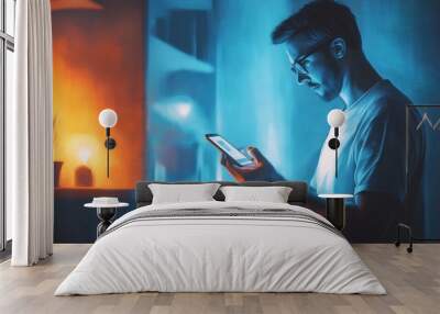 Man Using Smartphone App, Digital Painting Wall mural