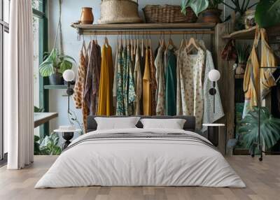 Rustic Boutique: A curated selection of earthy-toned clothing hangs on a wooden rack in a cozy boutique, evoking a sense of simplicity and natural style.   Wall mural