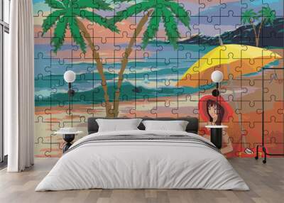 Puzzles. Hello summer. girl in a bathing suit under an umbrella on the seashore Palms, sun, sea. Cartoon. 120 pcs. Wall mural