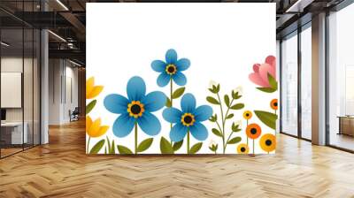 Banner with multicolored blooming flowers and plant branches. Summer flowers flat vector illustration on white background. Wall mural