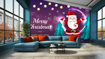 Funny Santa Claus with Christmas trees and garland on a purple background. Greeting horizontal card template. Wall mural