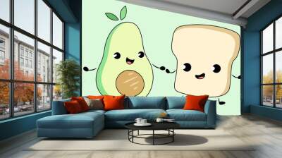 cute toast avocado hold hands smile friends together design Wall mural