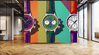  a grid of four images of watches, each watch is in a different color, each has two hands visible on its face Wall mural