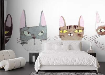 Cute cats collection on white background. Colorful graphic cats, poster design. Watercolor hand drawn illustration. Painted backdrop. Cloth pattern. Cat, kitten, head. Wall mural