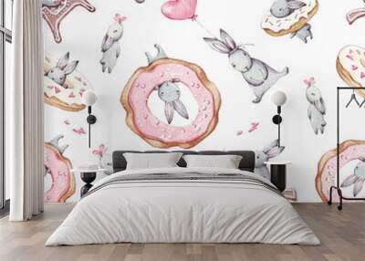 Watercolor seamless pattern. Wallpaper with party air balloons, donuts, cupcakes and fantasy bunneis cartoon animals on white background. Hand drawn vintage texture. Wall mural