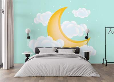 3d baby shower, waxing moon with clouds on a soft green background, childish design in pastel colors. Background, illustration, vector. Wall mural