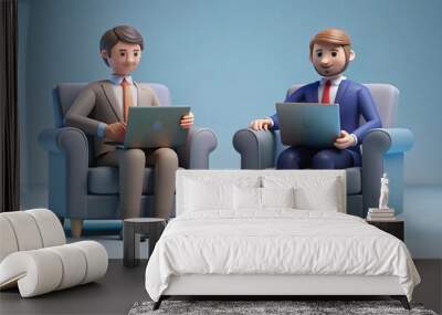 3D illustration of a startup concept with two happy men in armchairs using laptops in an office. Wall mural