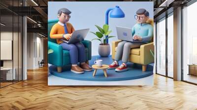 3D illustration of a startup concept with two happy men in armchairs using laptops in an office. Wall mural