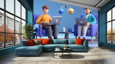 3D illustration of two cheerful businessmen with laptops, working together in an office. Wall mural