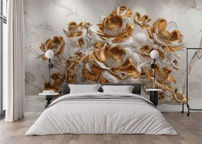 3D wallpaper featuring gold and white flowers on a white marbled texture background, styled like organic sculptures. Wall mural