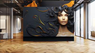 A abstract woman with long black hair is the main focus of the image. The panel hangs on the wall Wall mural