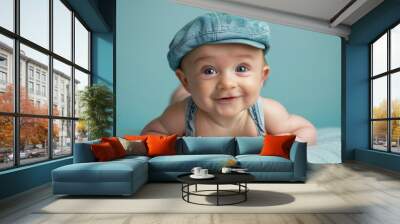 A baby wearing a blue hat and a blue shirt is laying on a white surface Wall mural