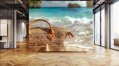 A beach scene with a purse and two starfish on the sand Wall mural