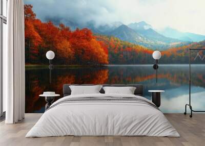 A beautiful autumn day with a lake in the background Wall mural