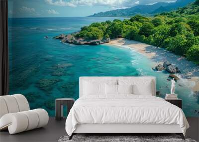 A beautiful beach with a rocky island in the background Wall mural