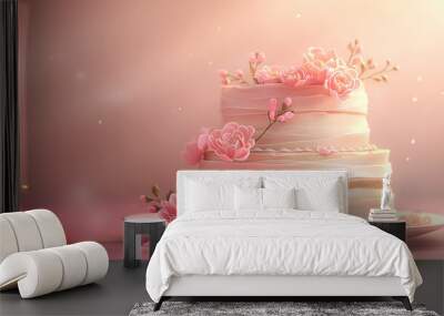 A beautiful illustration of an open layered cake, adorned with delicate flowers and decorations, sitting on top of the table. Wall mural