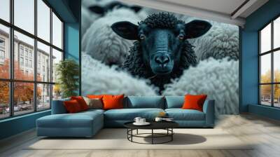 A black sheep stands out in a herd of white sheep Wall mural