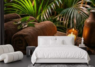 A candle and two towels are on a wooden table in a jungle setting Wall mural