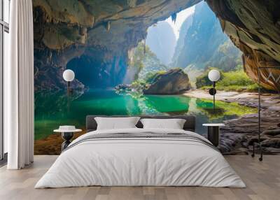 A cave with a river running through it and a rock in the middle Wall mural