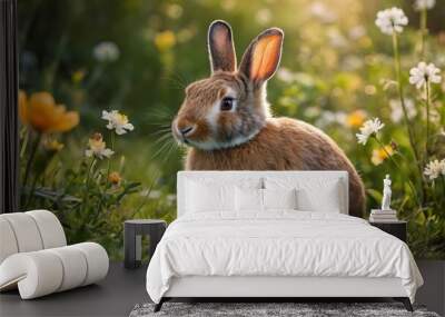 A charming rabbit sits quietly in a bright meadow, surrounded by vibrant flowers and greenery, capturing the peaceful essence of spring. Wall mural